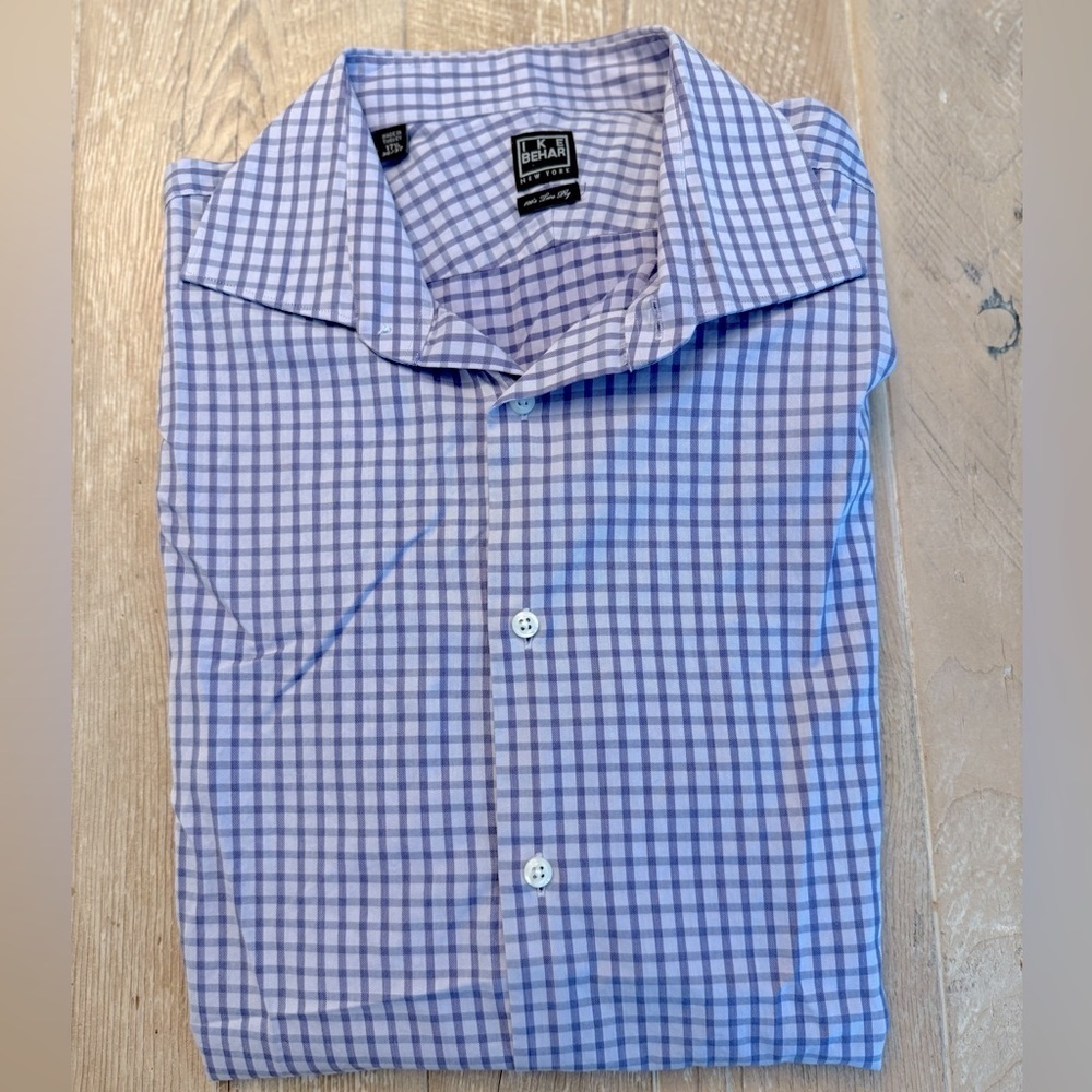 Ike Behar Blue Grid Button Down Dress Shirt Men's Size‎ 17.5 cotton
